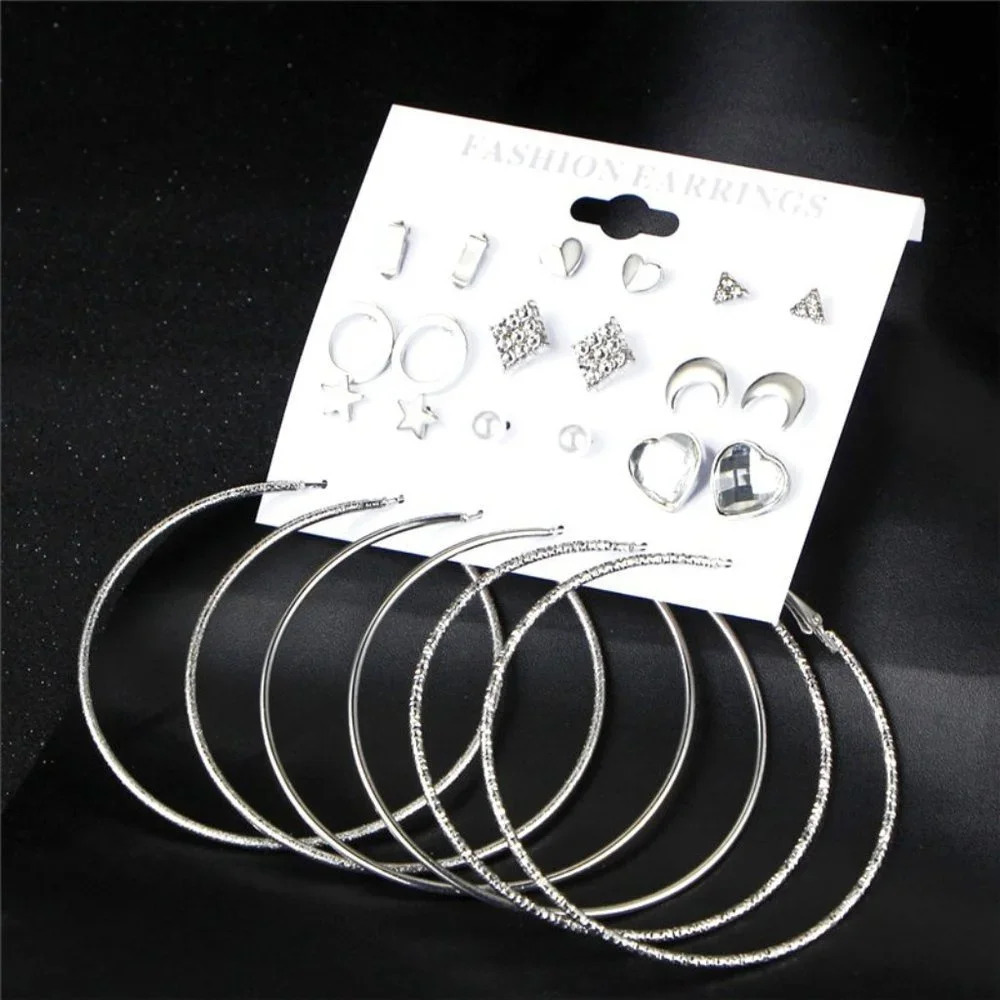 🔥12 Pair Silver Plated Geometric Crystal Stud Earring Set Mix for Women, F272